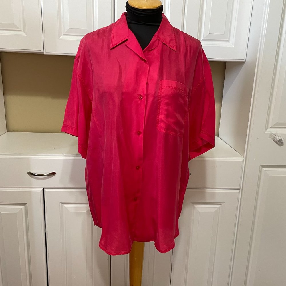 Balistik Washable Silk Blouse Pink Red M Drop Shoulder Oversized, Pocket Vintage